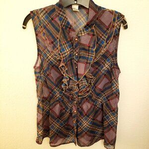 Ultra Pink Sheer Plaid Sleeveless Blouse with Ruffle Bodice Jr Size L EUC